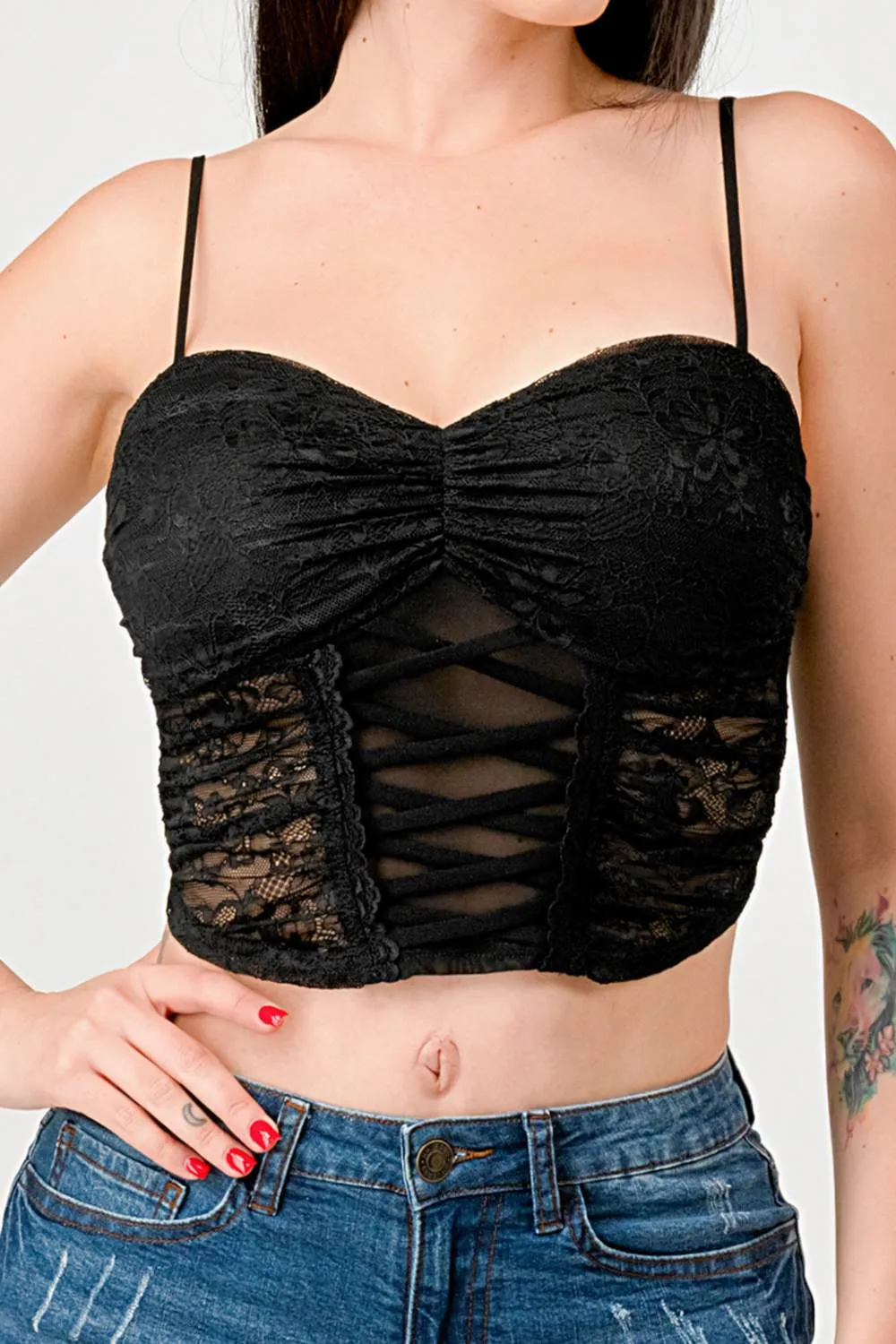 LUXE LACE SEE-THRU CRISSCROSS CONTRAST BUSTIER