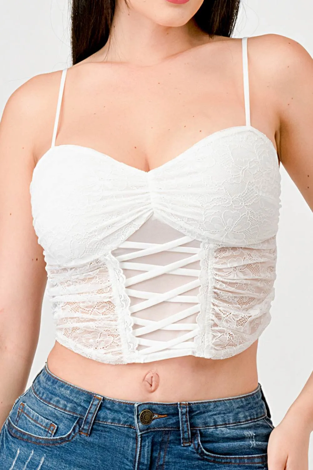 LUXE LACE SEE-THRU CRISSCROSS CONTRAST BUSTIER