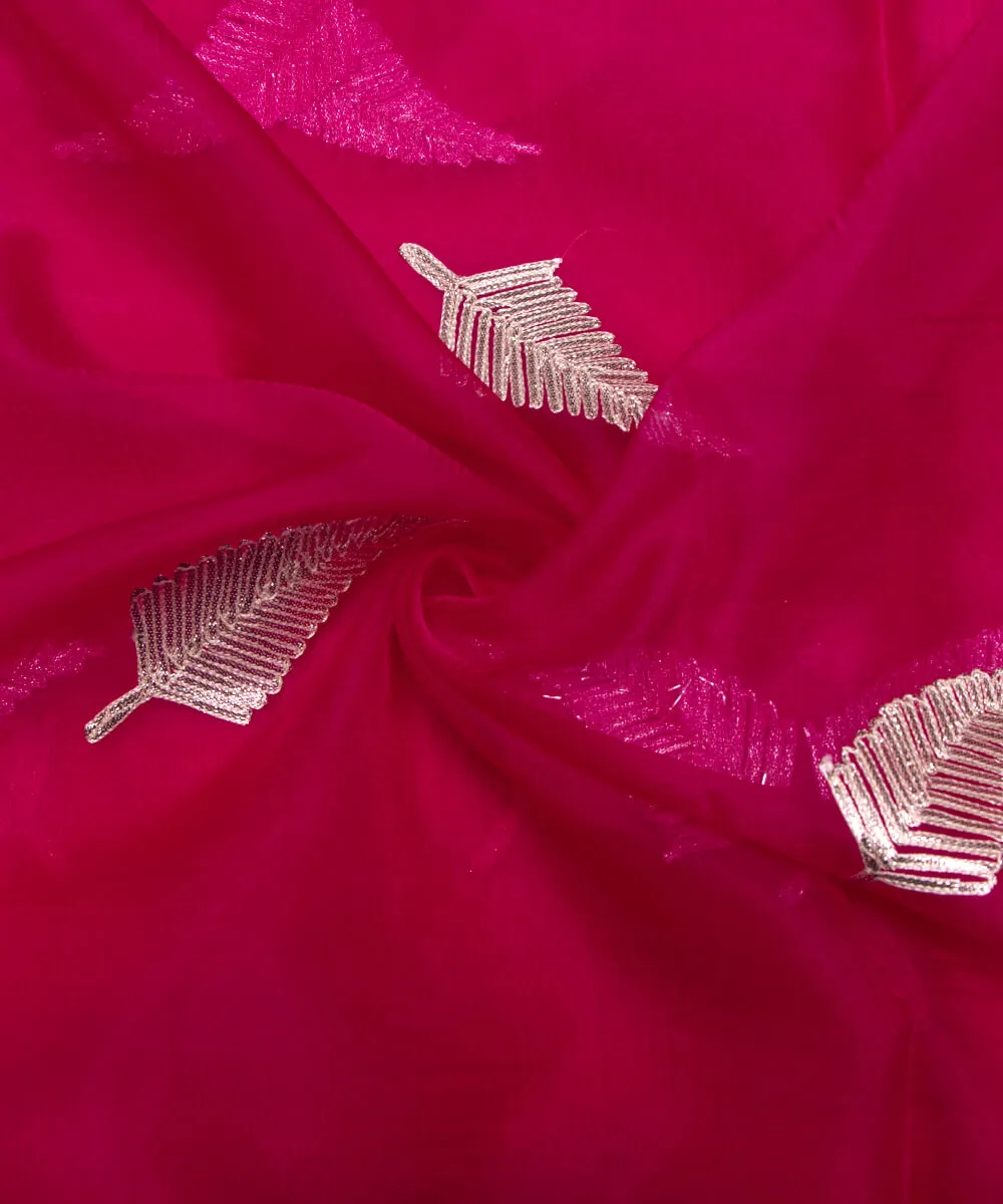 Magenta Colour leaf Embroidery Organza Silk Fabric