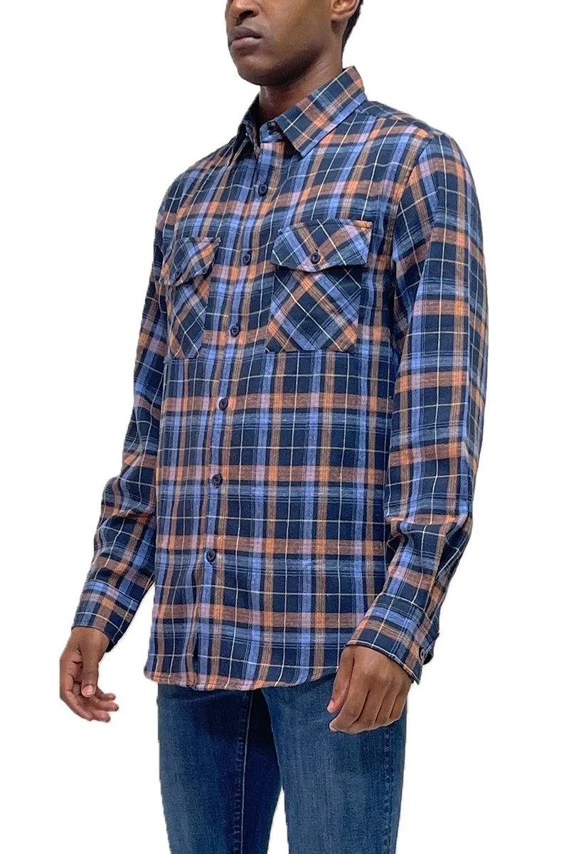 Mens Blue Plaid Flannel Long Sleeve Shirt