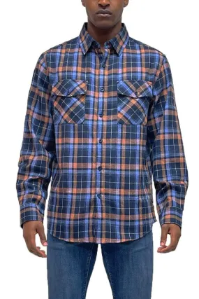 Mens Blue Plaid Flannel Long Sleeve Shirt