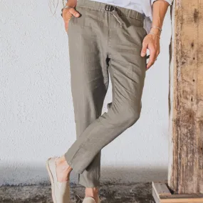 Mens Olive Green 100 Linen Pants Tapered Relaxed Fit