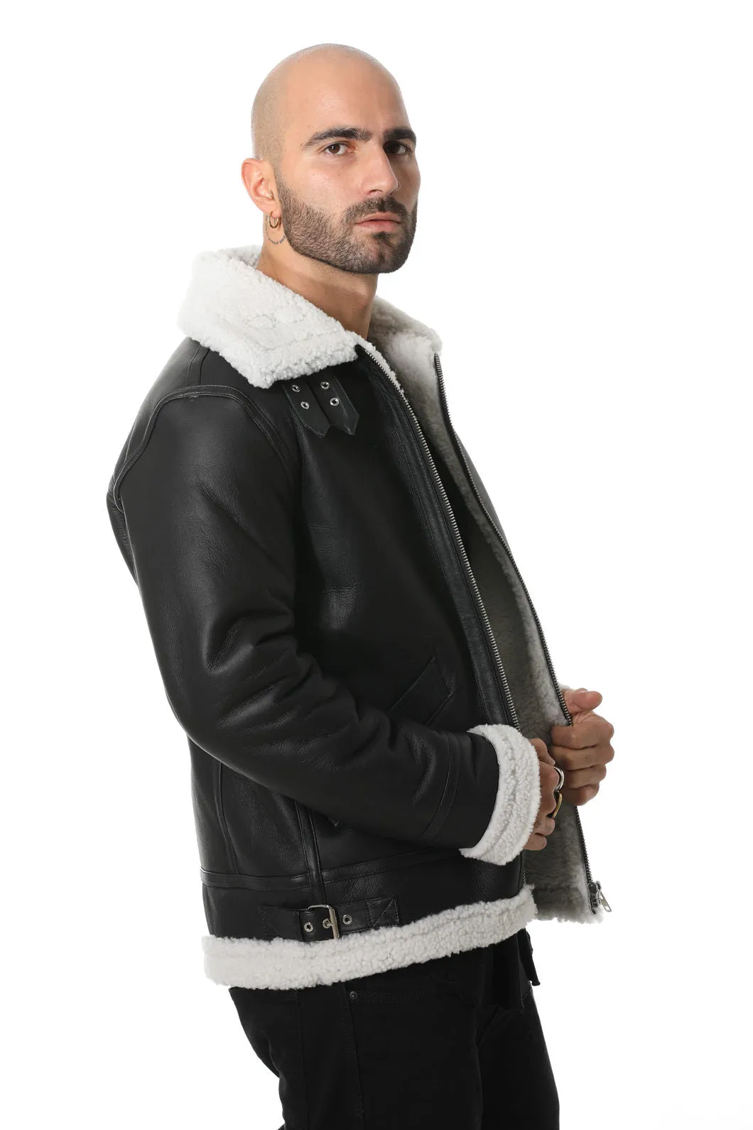 Men's Shearling Aviator Jacket, Silky Black with White Curly Wool