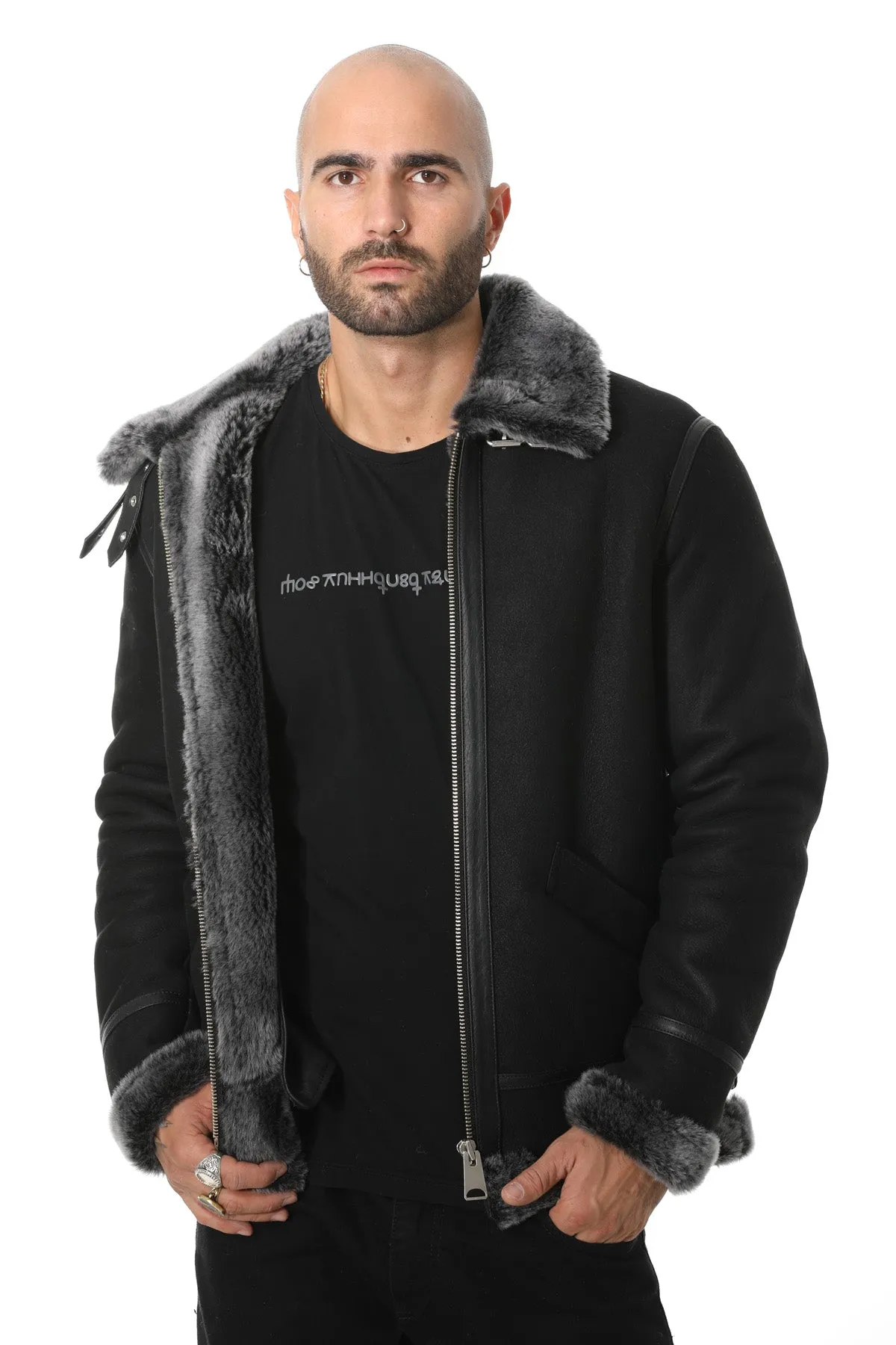 Men's Shearling Aviator Jacket, Washed Black with Brissa Wool