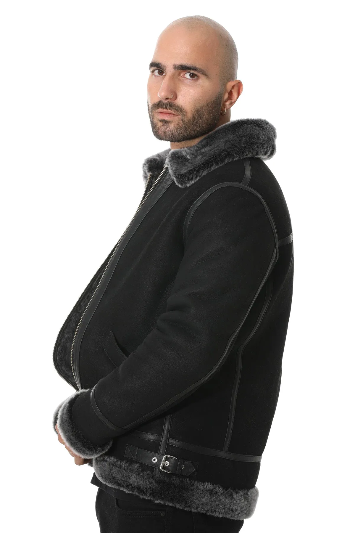 Men's Shearling Aviator Jacket, Washed Black with Brissa Wool