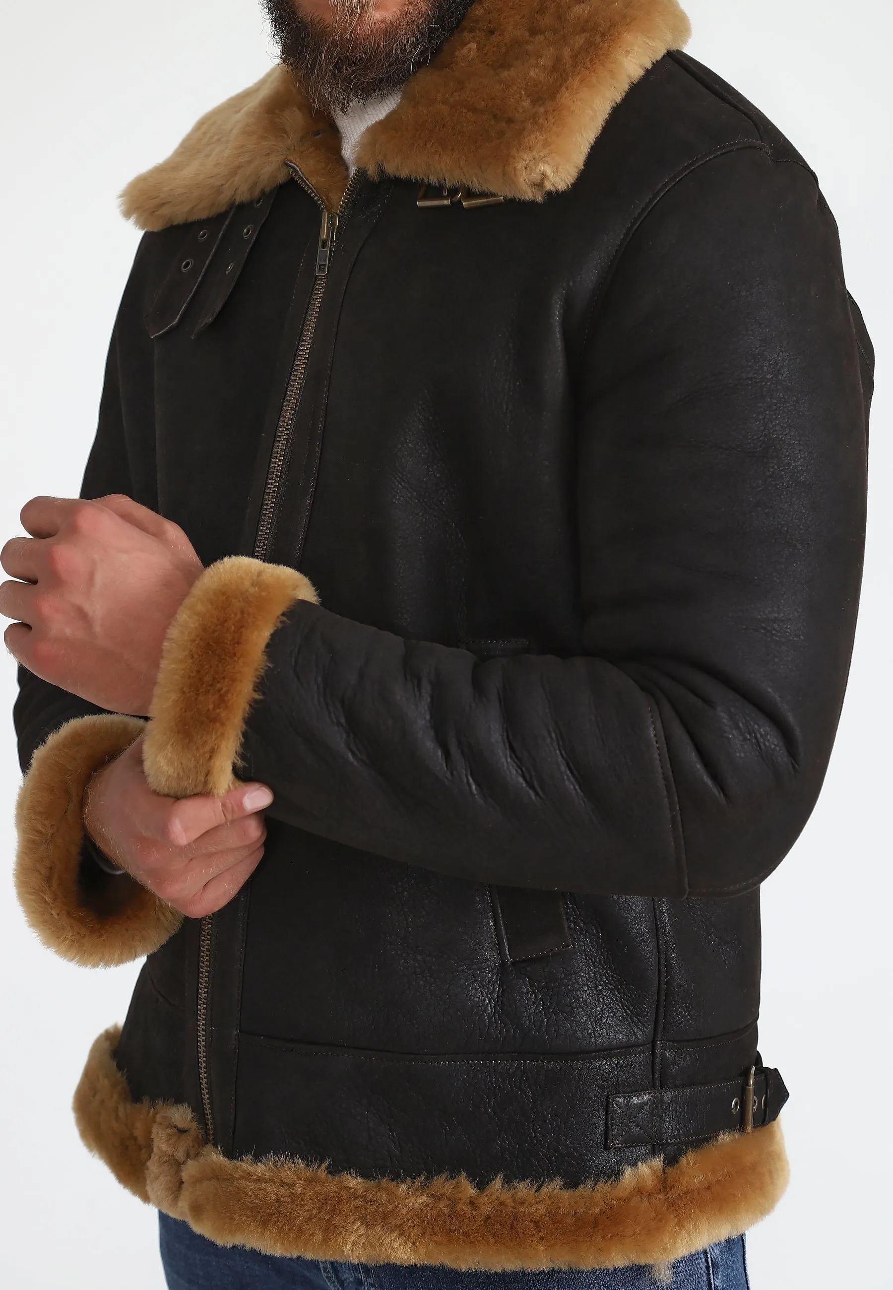 Men's Shearling RAF B3 Aviator Jacket, Washed Brown with Ginger Wool