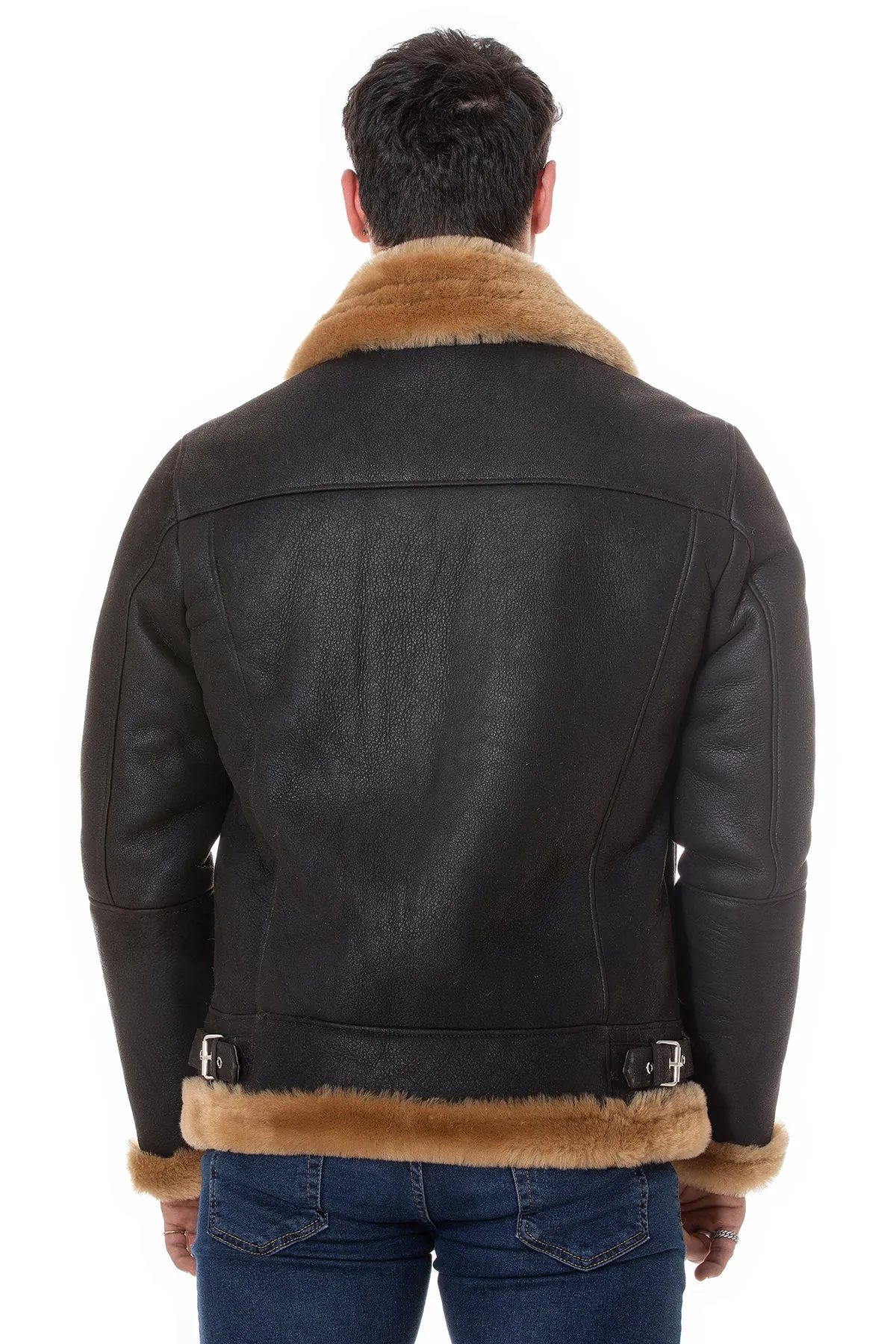 Men's Shearling RAF B3 Aviator Jacket, Washed Brown with Ginger Wool