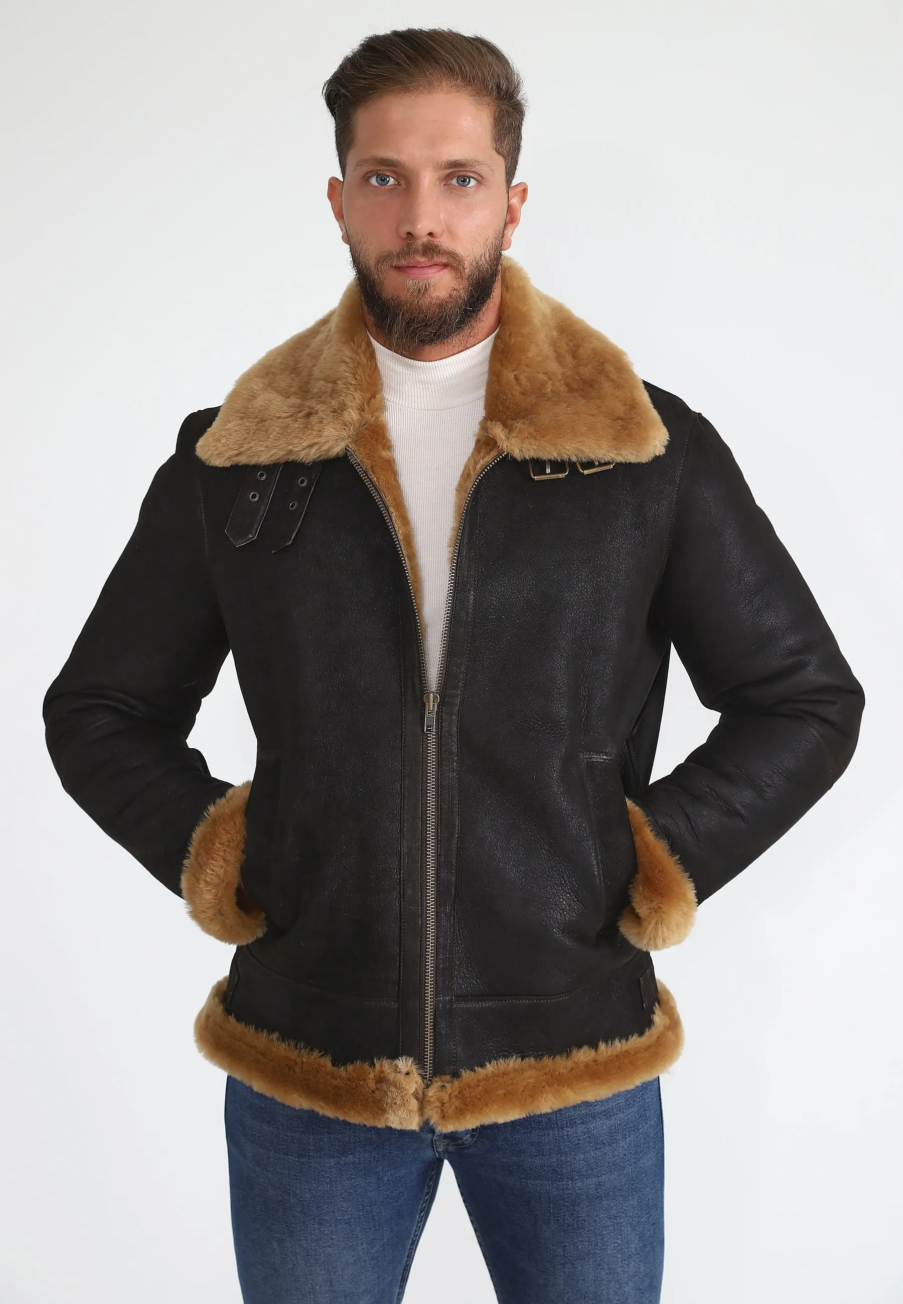 Men's Shearling RAF B3 Aviator Jacket, Washed Brown with Ginger Wool