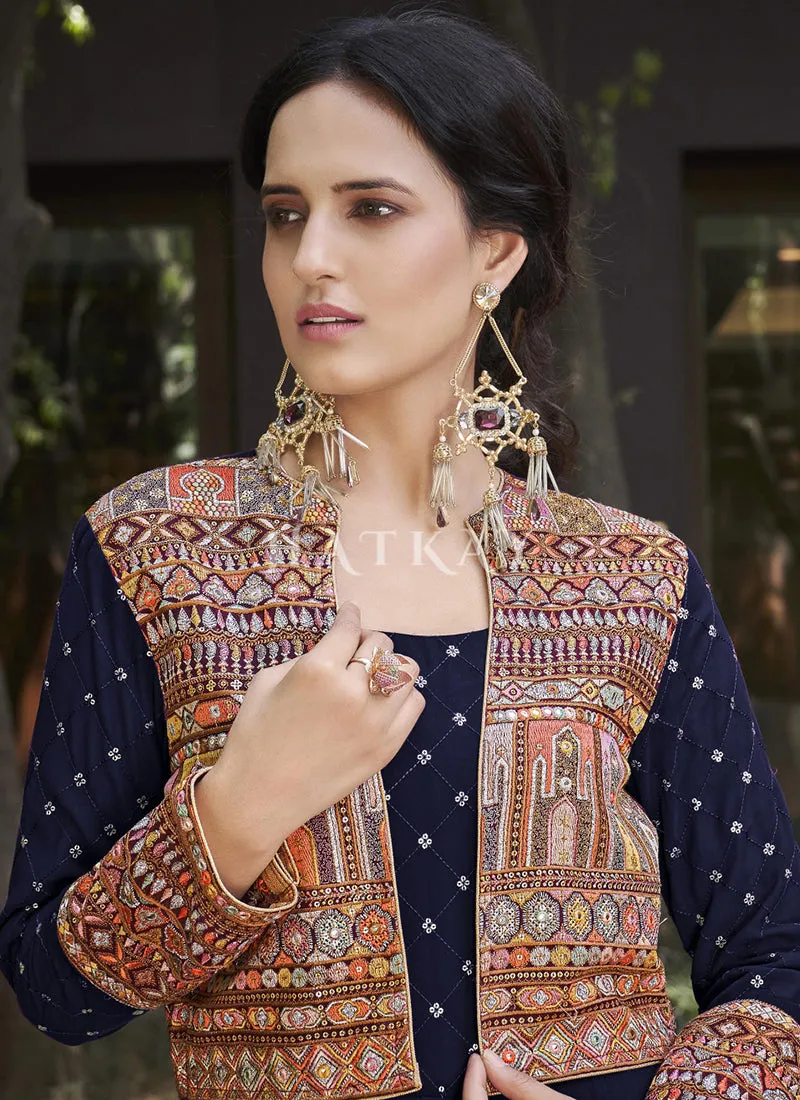 Navy Blue Embroidered Jacket Anarkali Gown