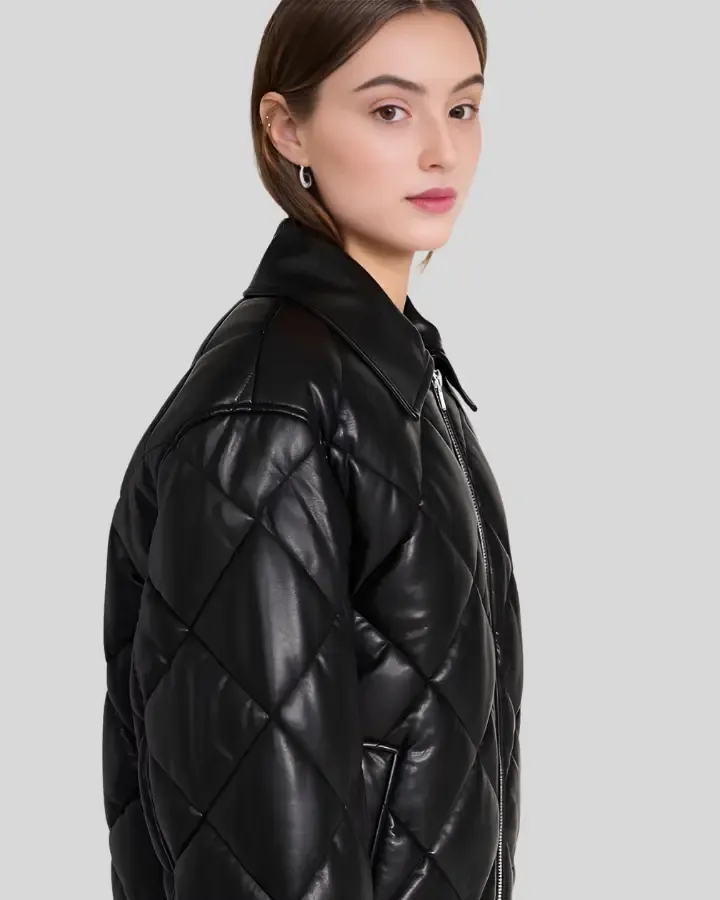 Nordic Luxe Quilted Black Bomber Leather Jacket with Shearling Collar