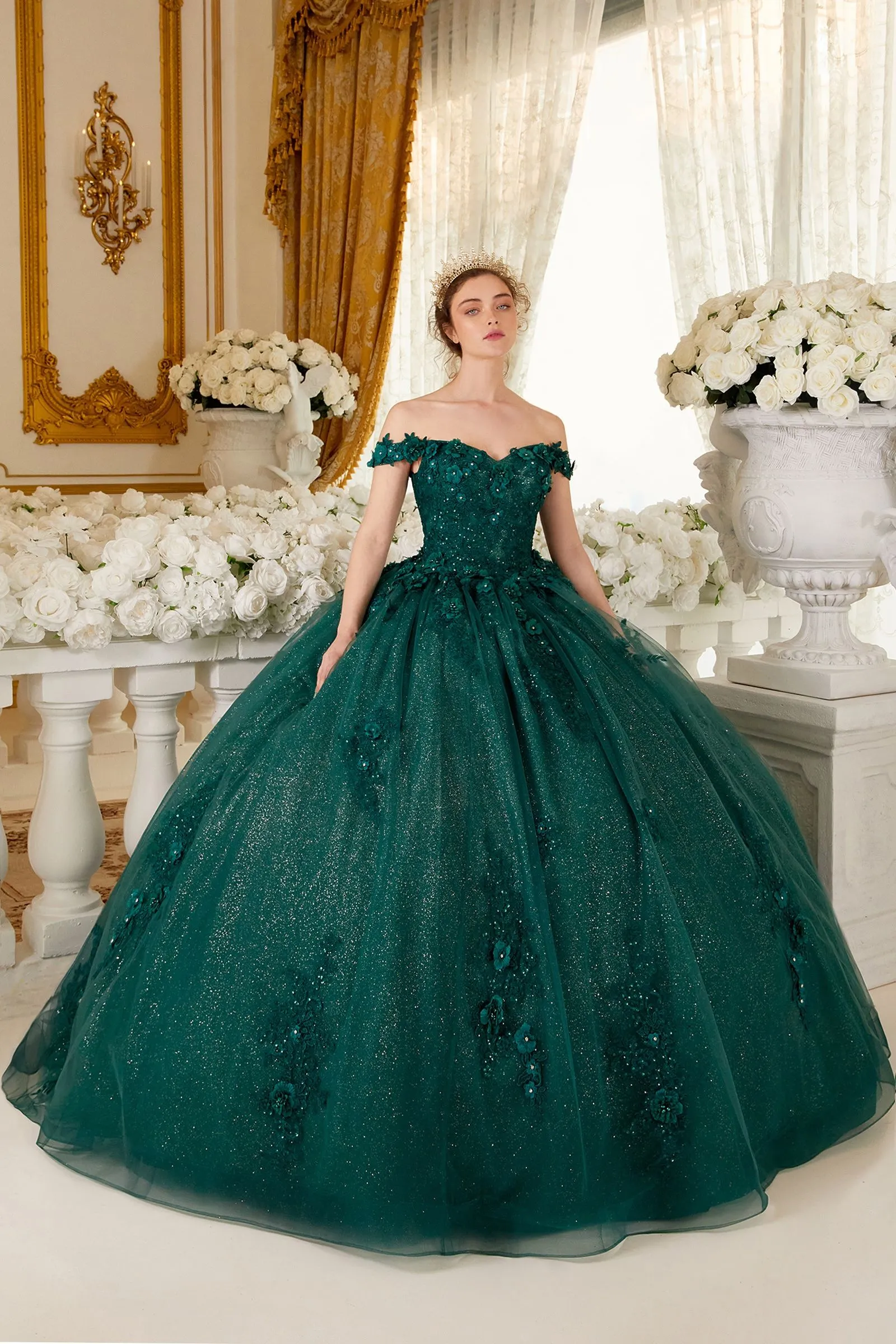 OFF THE SHOULDER FLORAL QUINCE BALL GOWN CD15702