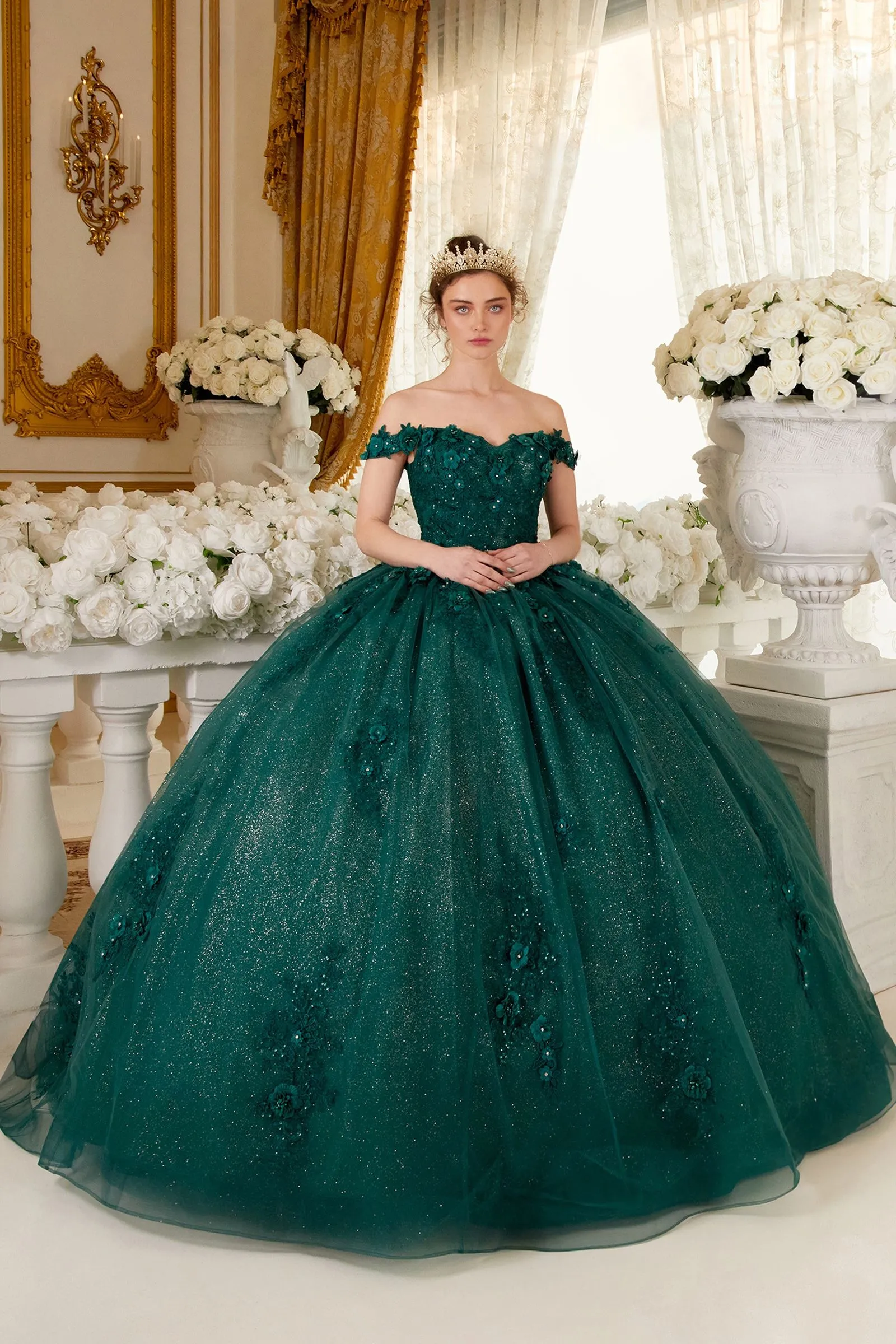 OFF THE SHOULDER FLORAL QUINCE BALL GOWN CD15702