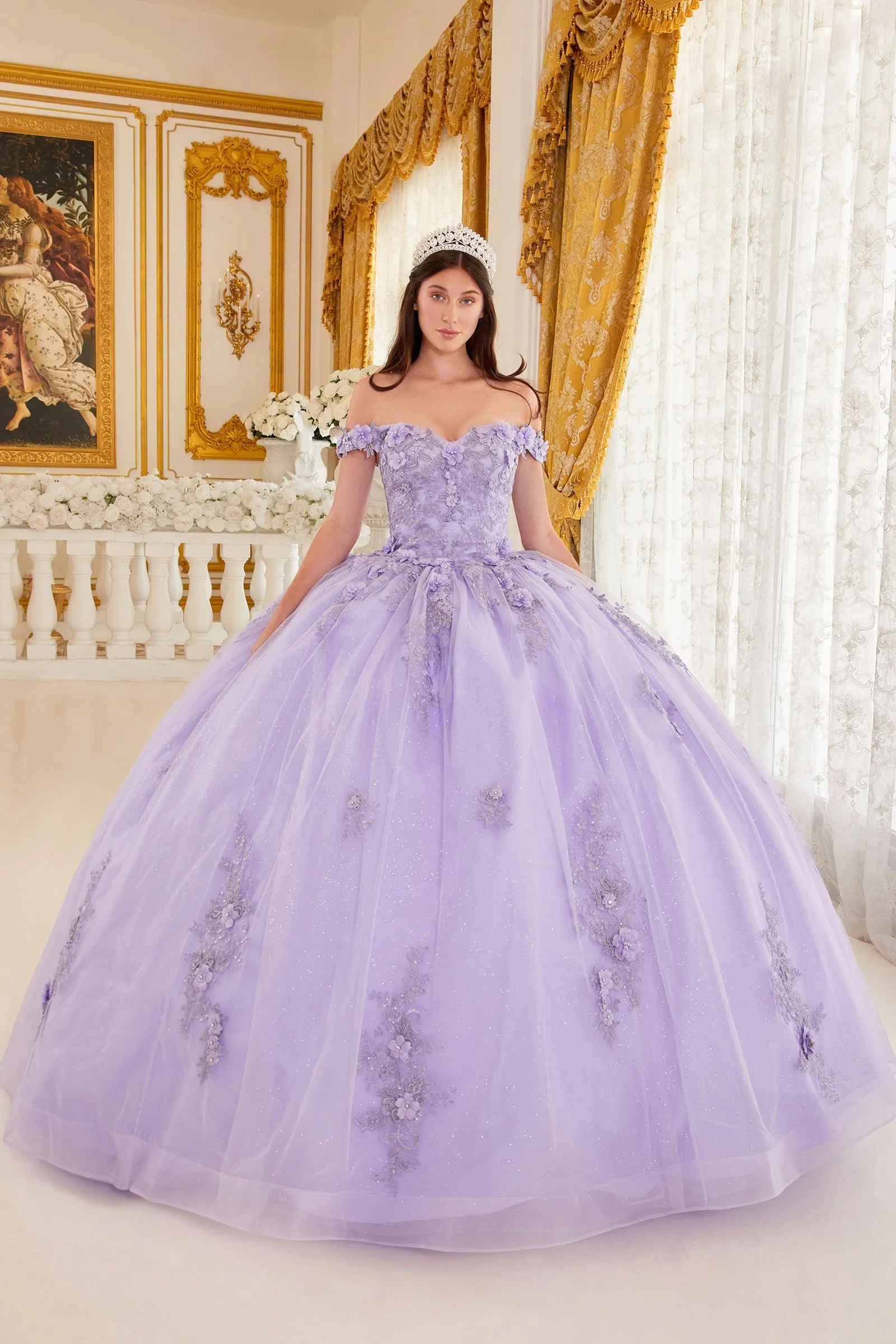 OFF THE SHOULDER FLORAL QUINCE BALL GOWN CD15702