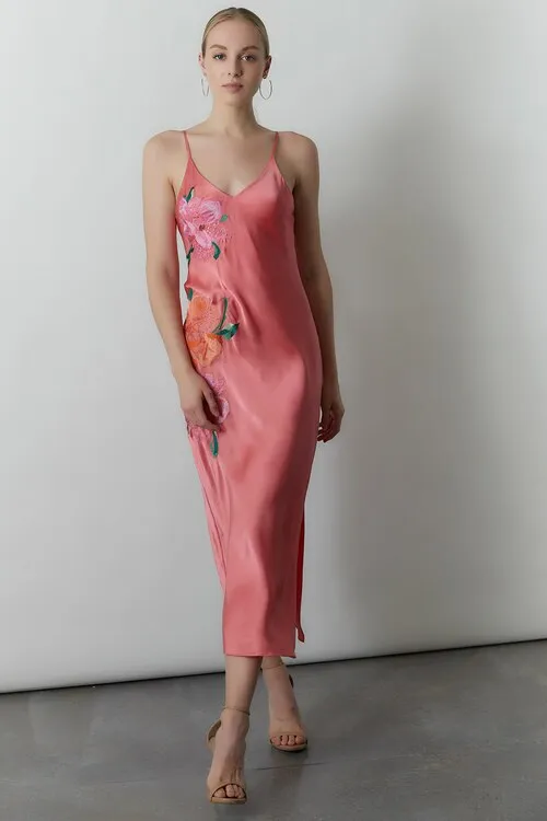 Peony Blossoms Embroidered Silk Gown