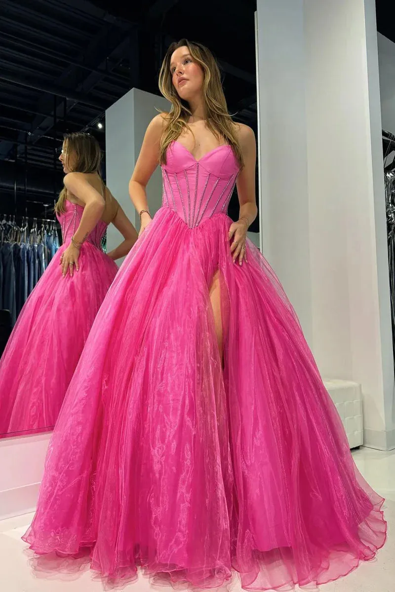 Pink Strapless Organza A-Line Long Prom Dresses with Beading