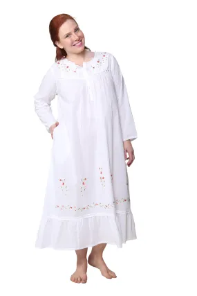 Plus Size 100% Cotton Embroidered Long Sleeve Gown