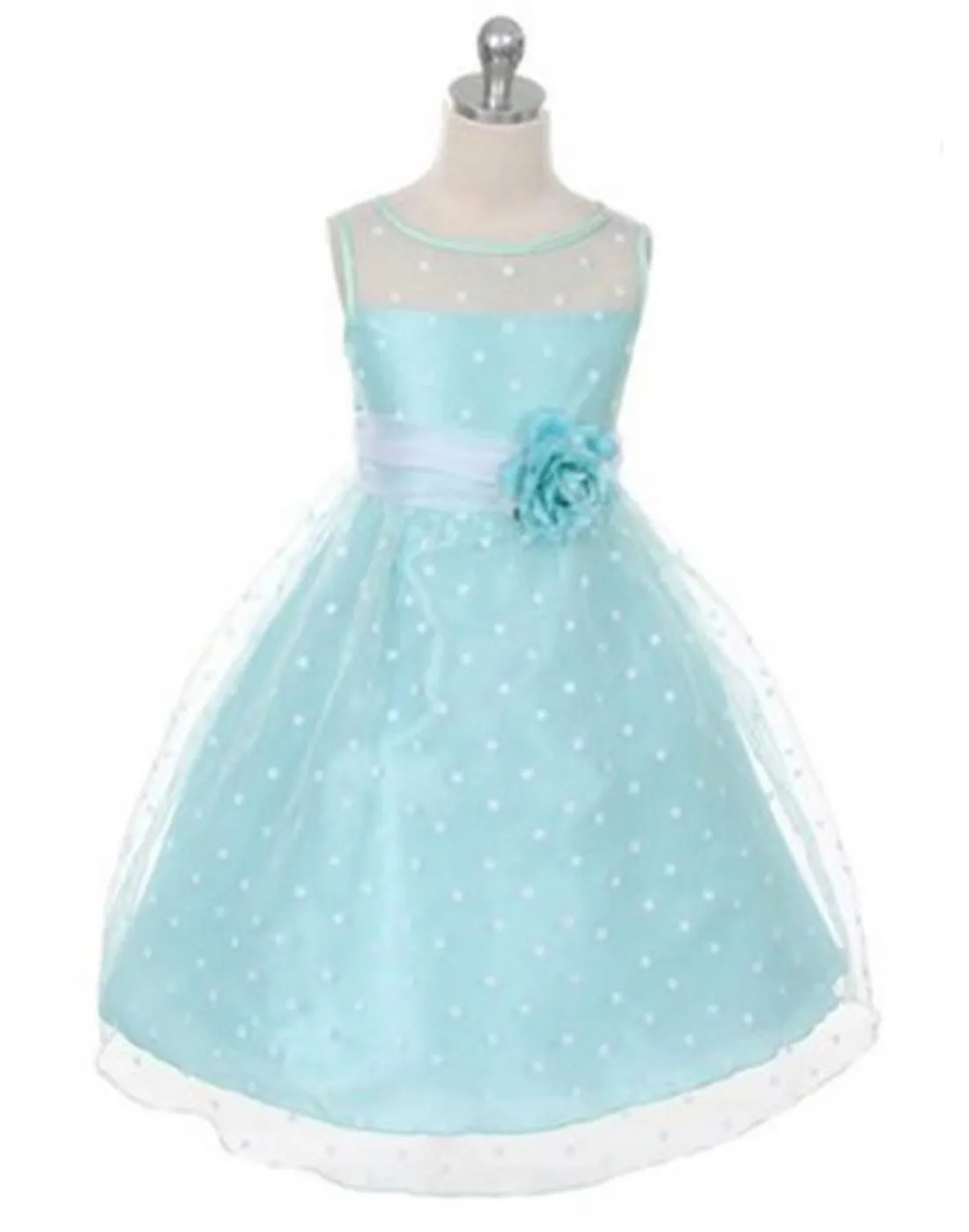 Polka Dot Organza Overlay Dress with an Organza Sash - Mint