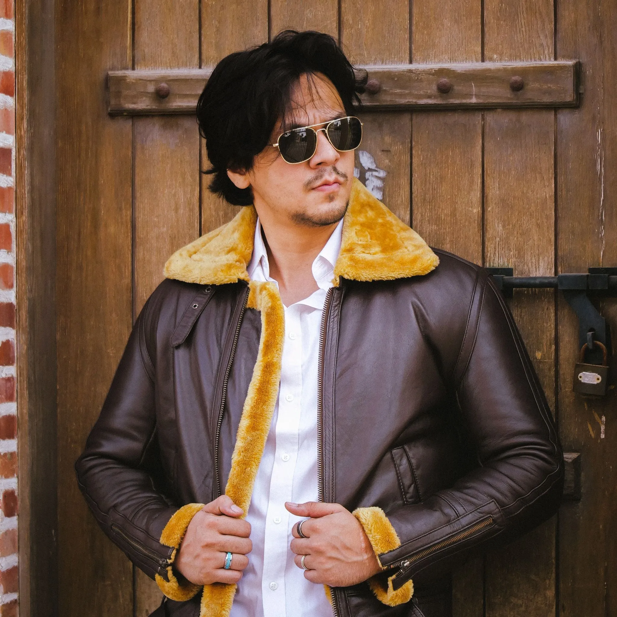 Premium Shearling Fur Leather Jacket-Brown