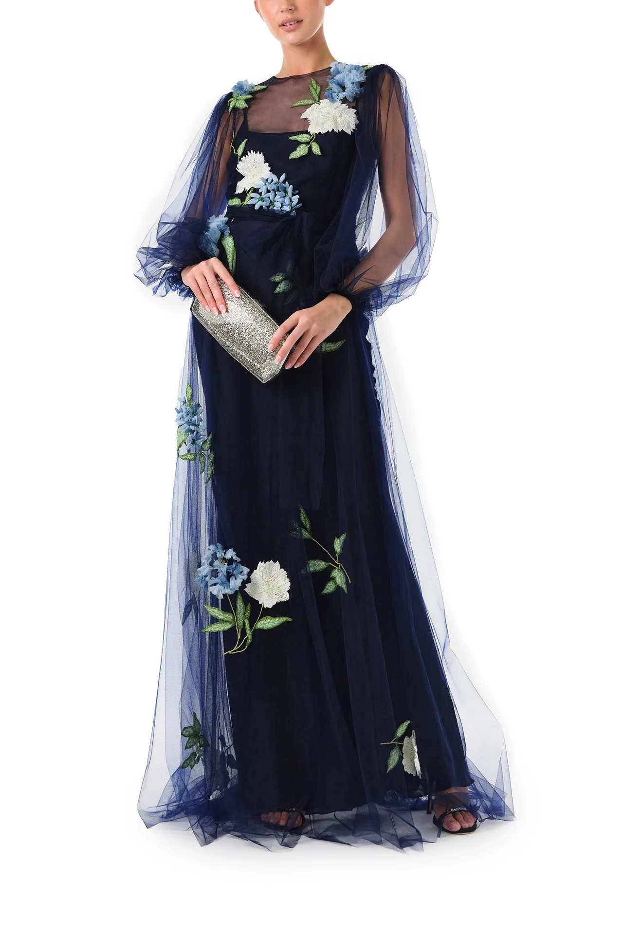 Puffed Sleeve Embroidered Tulle Gown