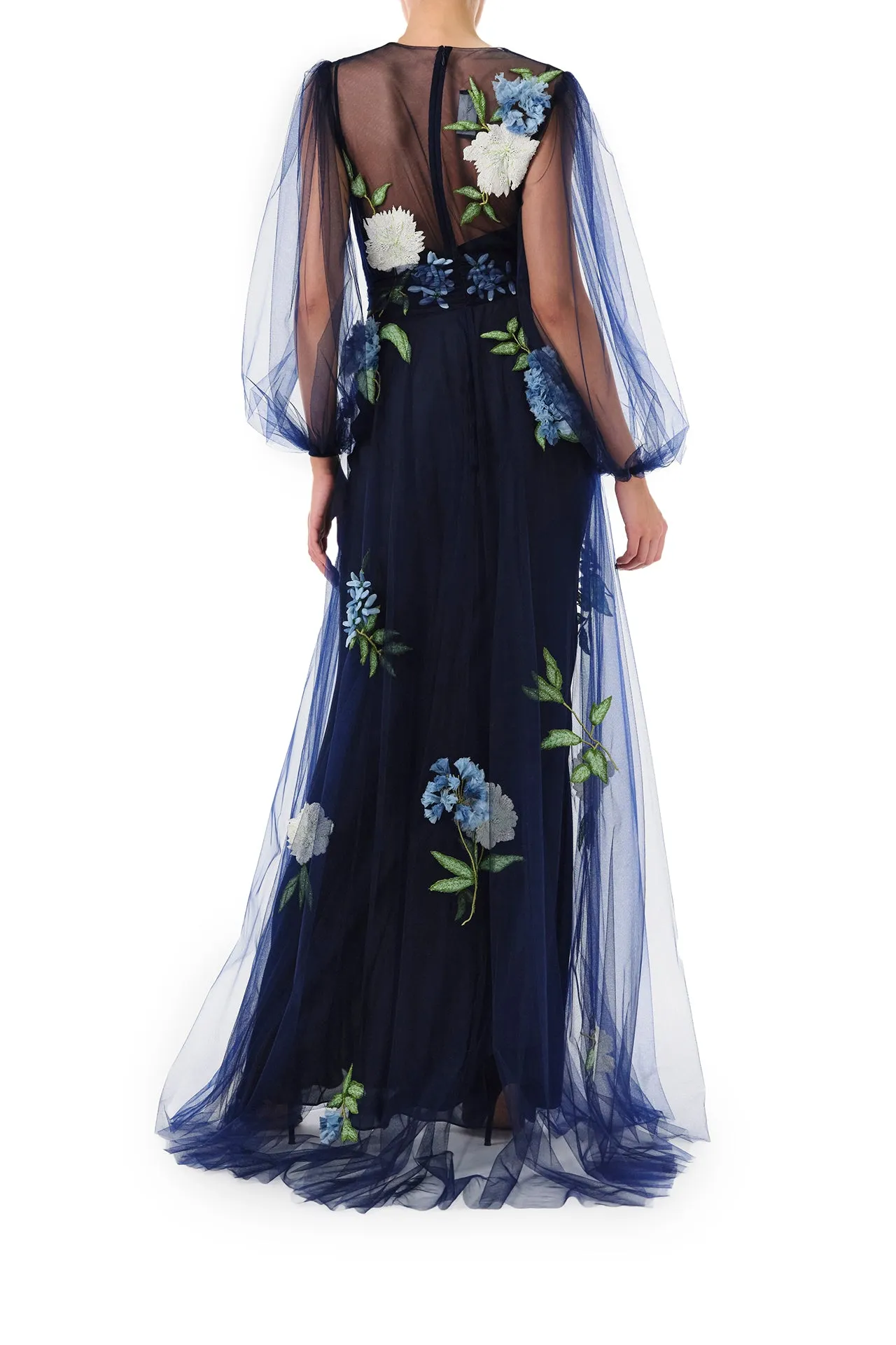 Puffed Sleeve Embroidered Tulle Gown