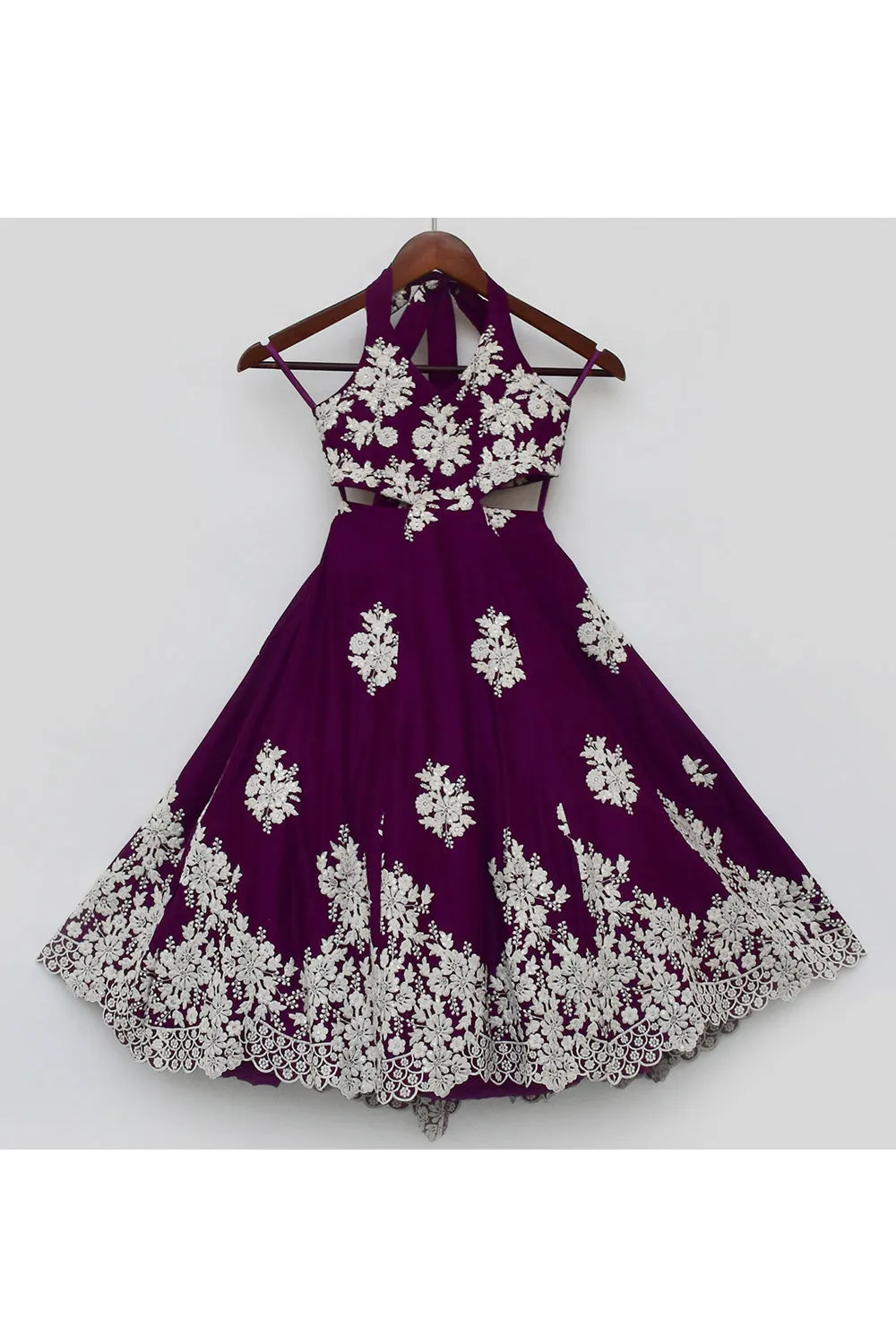 Purple Embroidered Halter Neck Gown