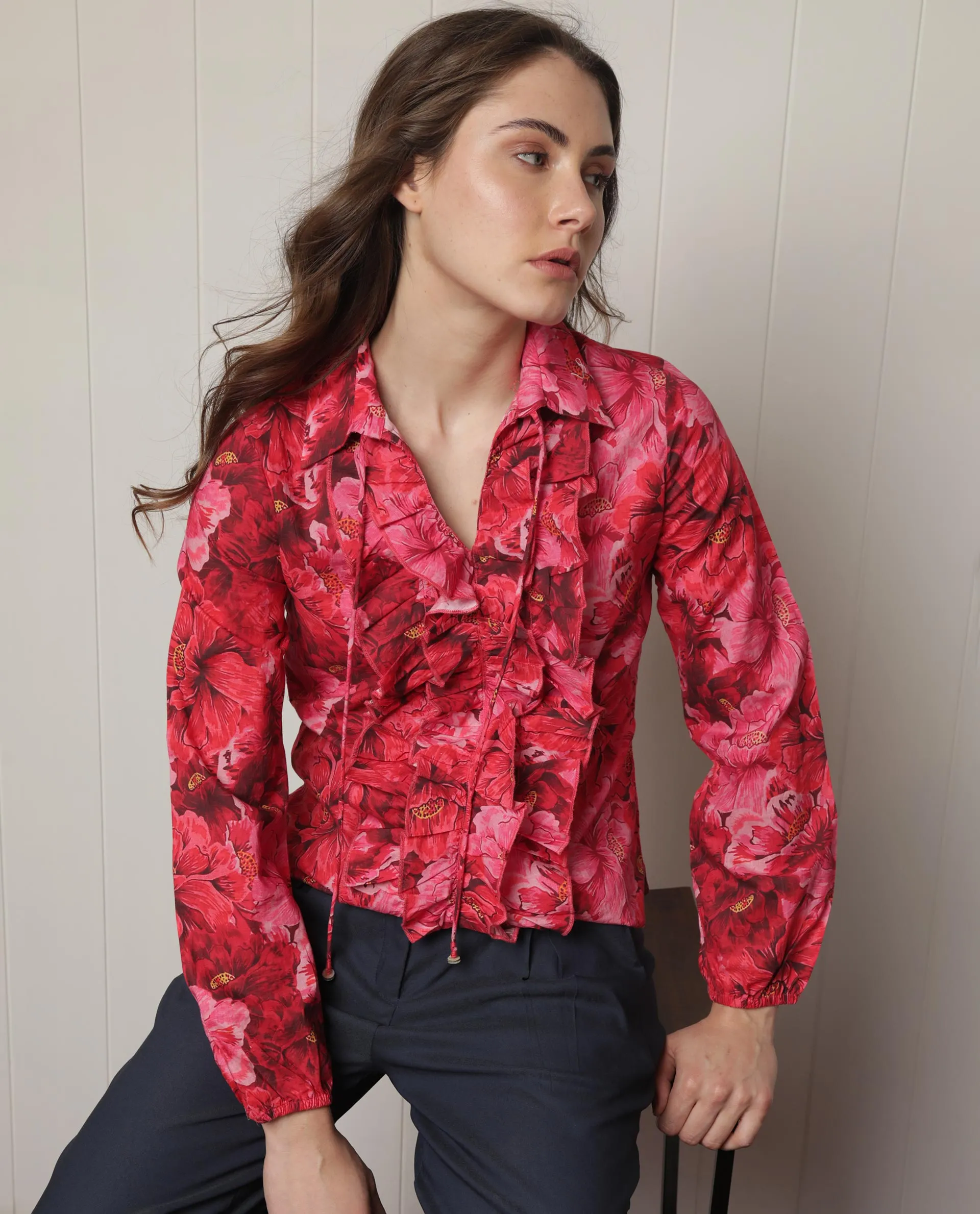 Rareism Women Orney Maroon Cotton Fabric Full Sleeves Button Closure Shirt Collar Volume Sleeve Regular Fit Floral Print Top