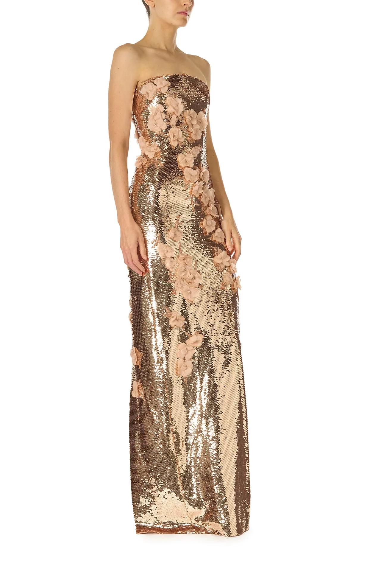 Rose Gold Floral Sequin Column Gown