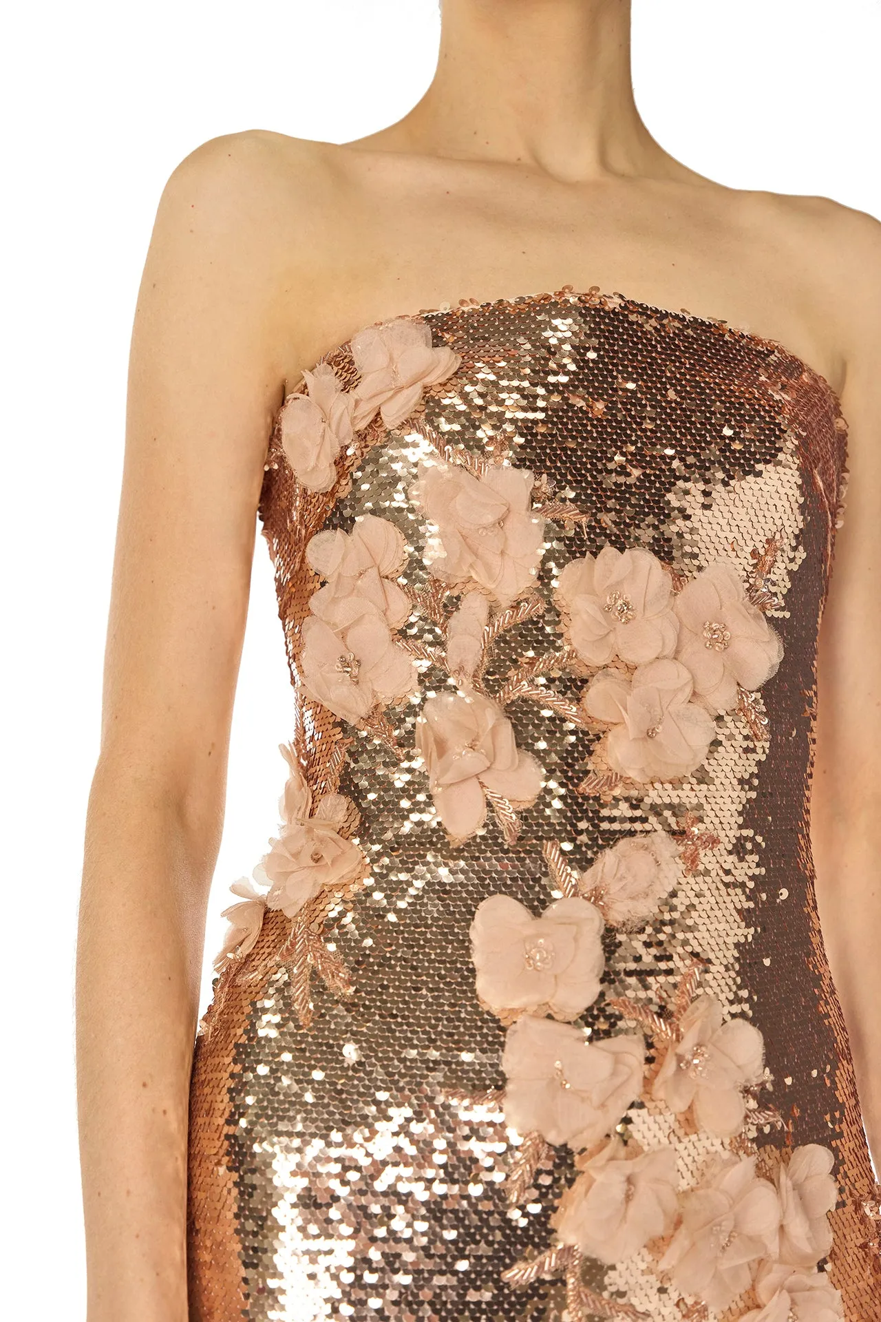 Rose Gold Floral Sequin Column Gown