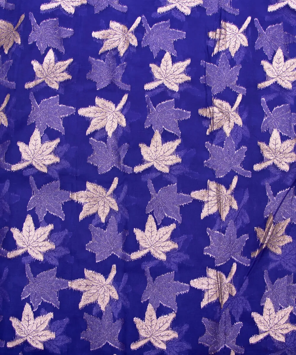 Royal Blue Colour leaf Embroidery Organza Silk Fabric