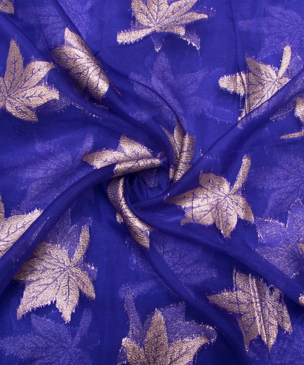 Royal Blue Colour leaf Embroidery Organza Silk Fabric