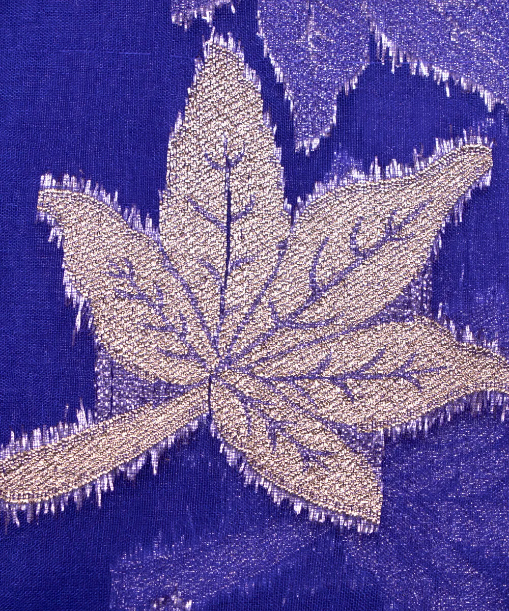 Royal Blue Colour leaf Embroidery Organza Silk Fabric