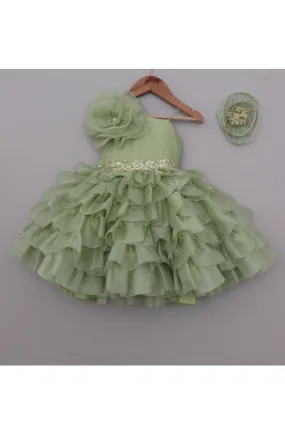 Sage Green With Golden Sequins Detailing Organza Layered Dress