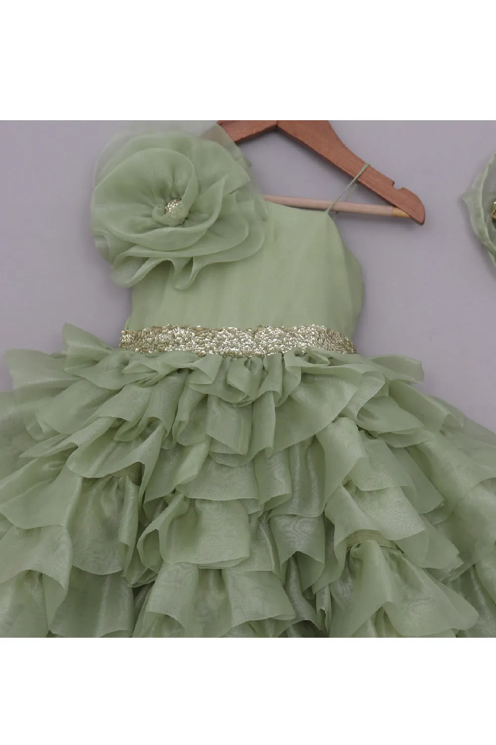 Sage Green With Golden Sequins Detailing Organza Layered Dress