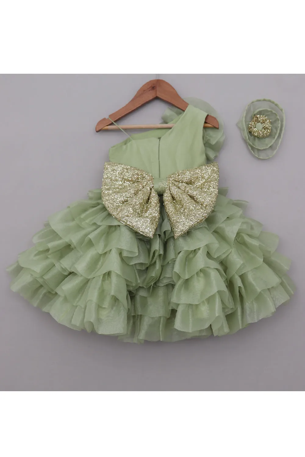 Sage Green With Golden Sequins Detailing Organza Layered Dress