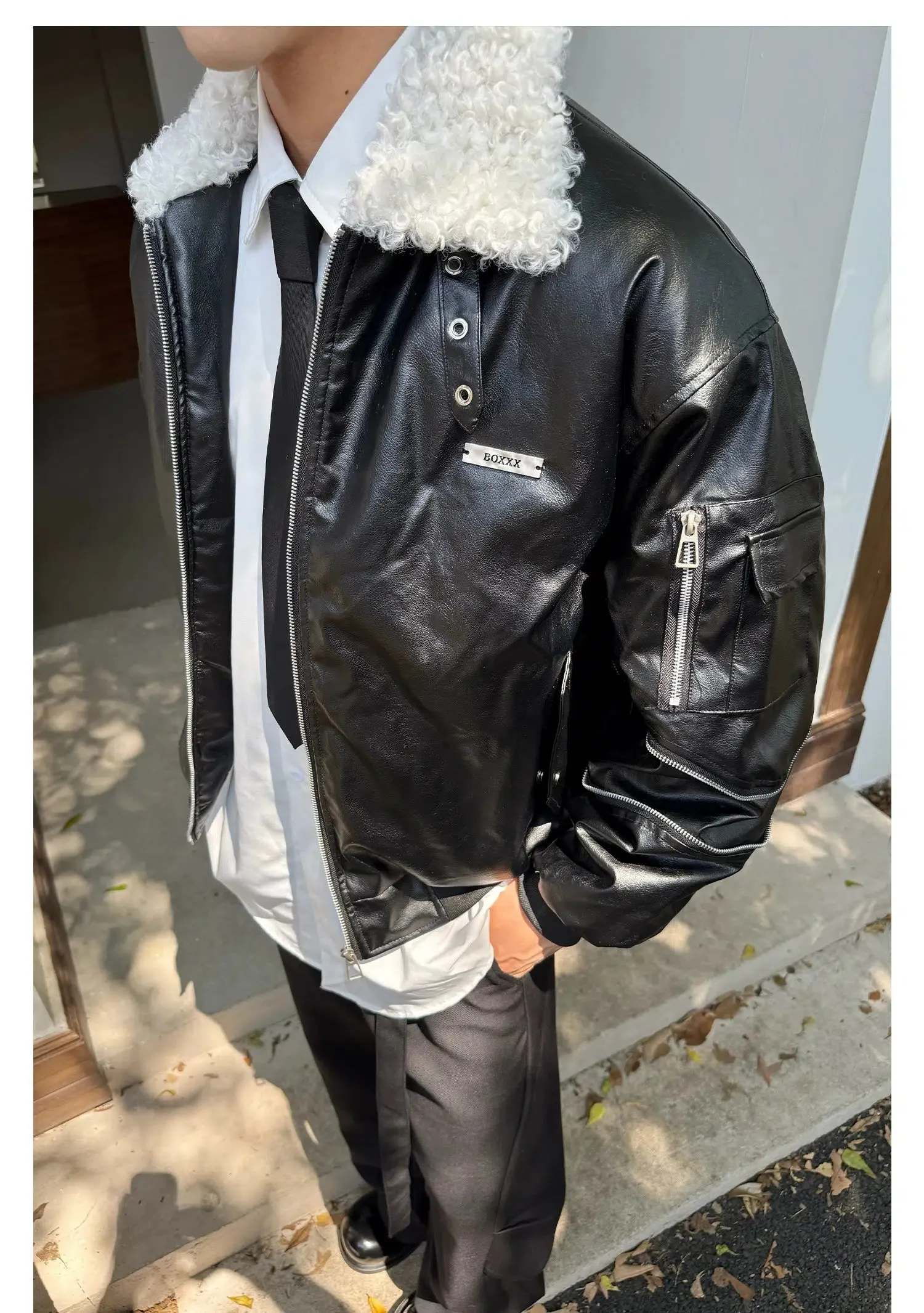 Shearling Collar Leather Jacket