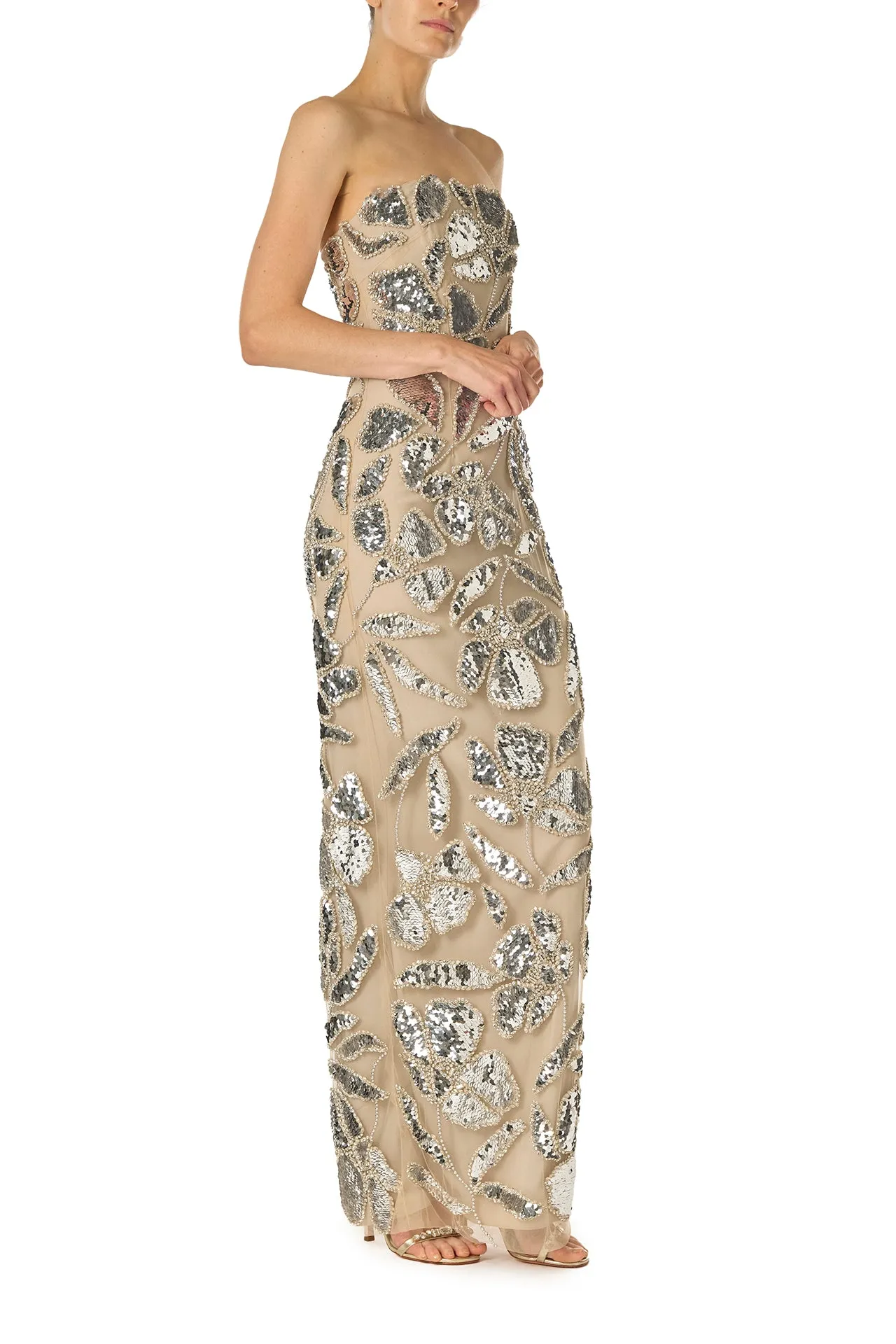 Strapless Embroidered Column Gown