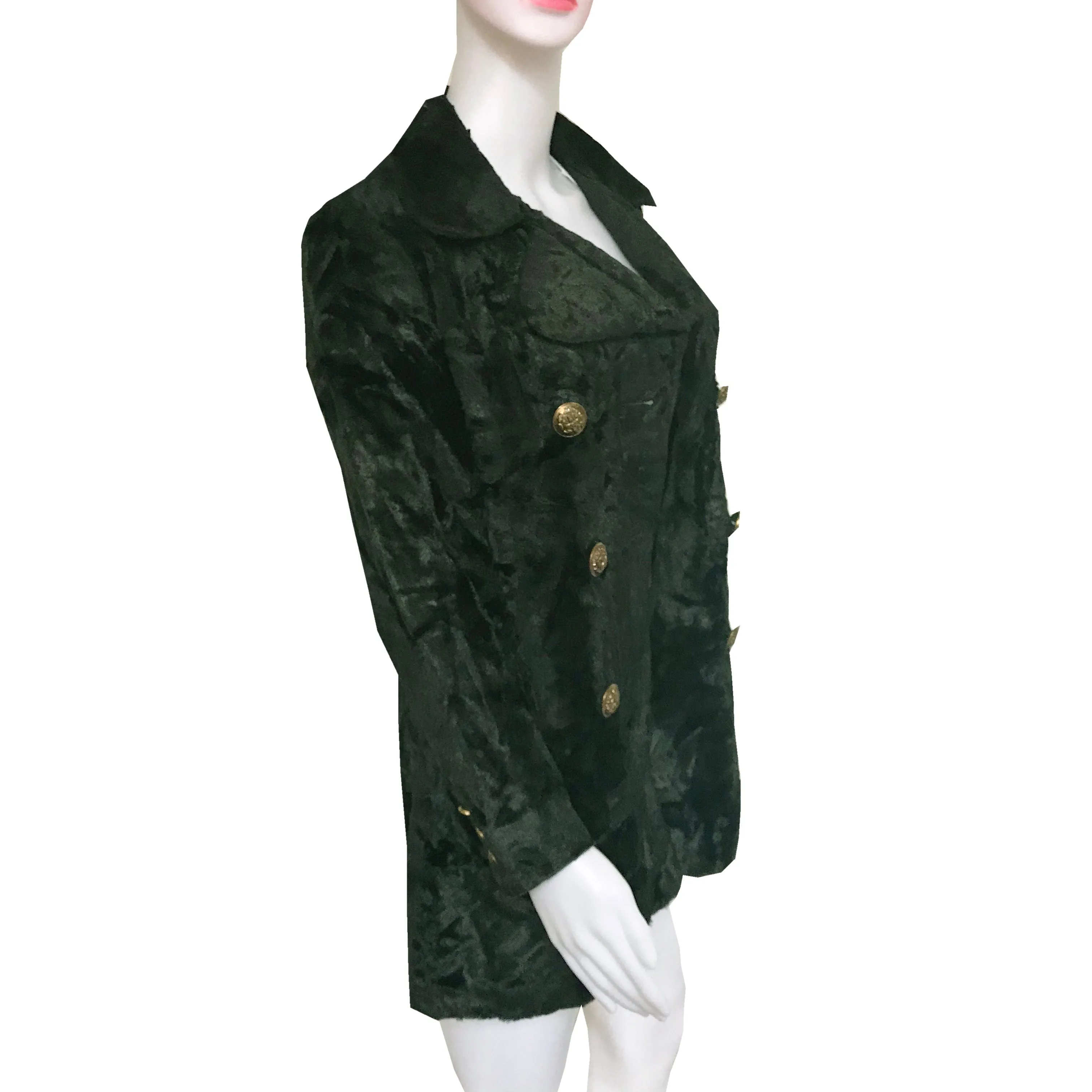 Vintage 1960s Dark Green Crushed Velvet Pea Coat