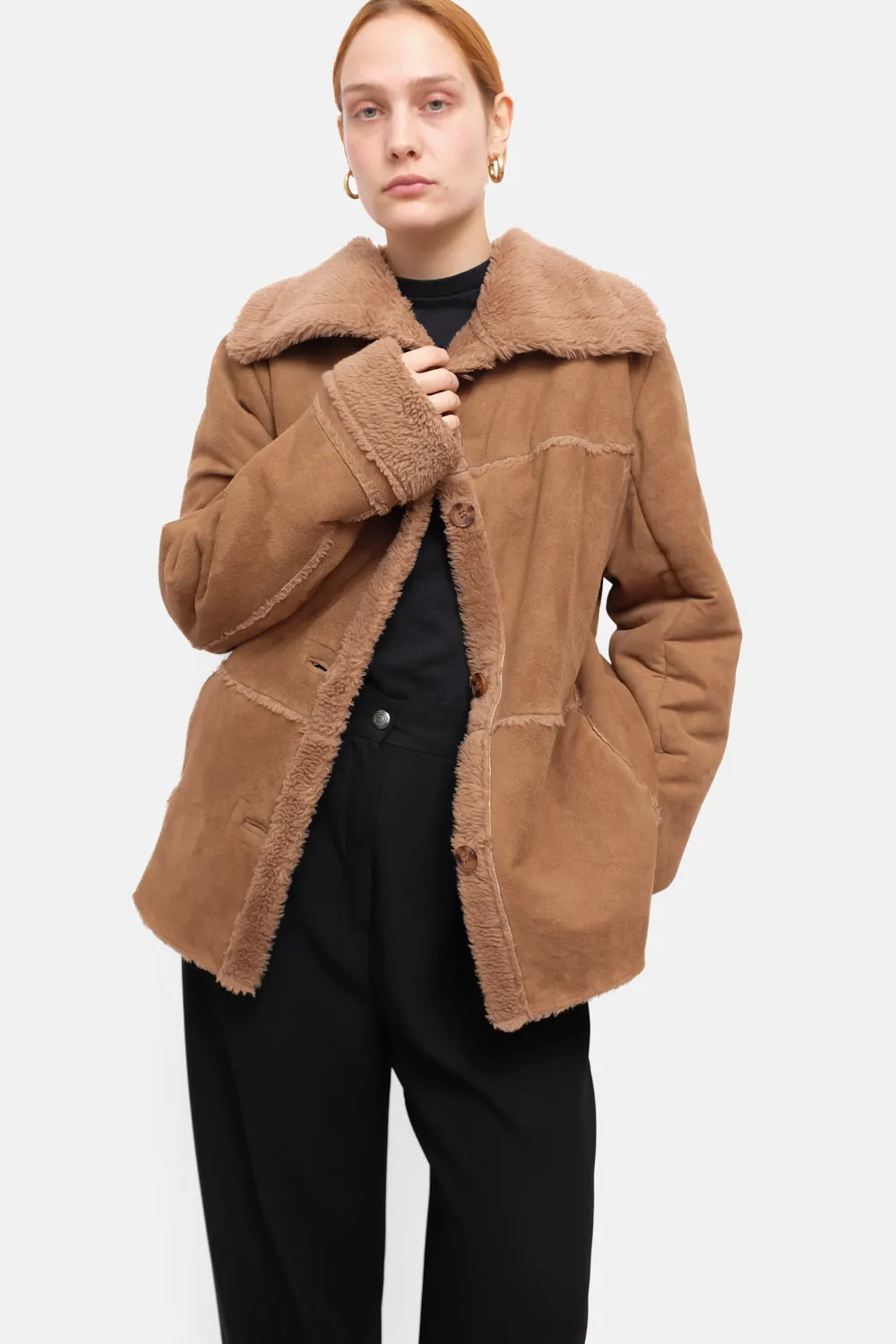 VINTAGE VEGAN TEDDY BROWN SHEARLING JACKET